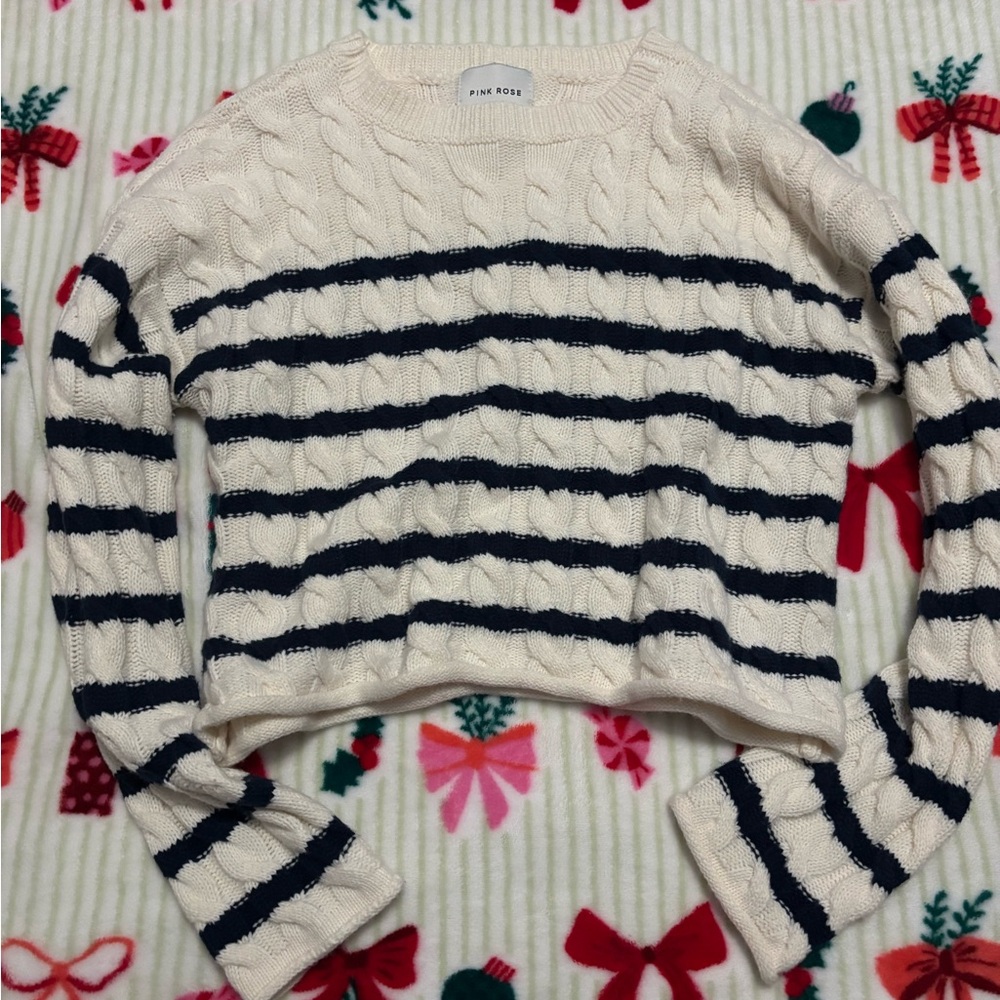 Women's Cream and Navy Blue Striped Sweater